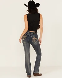 Grace LA Women's Medium Wash Camo Fleur De Lis Embroidered Mid Rise Bootcut Stretch Denim Jeans