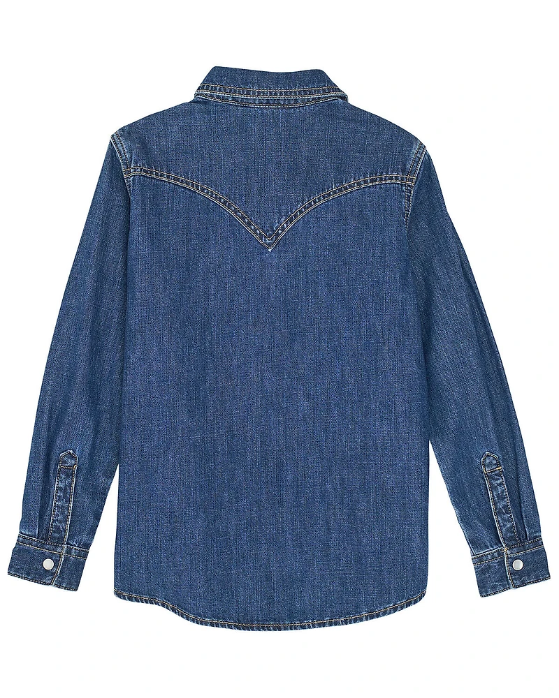 Wrangler Girls' Embroidered Denim Long Sleeve Pearl Snap Western Shirt