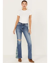Vervet Women's Pound Medium Wash High Rise Floral Flare Jeans