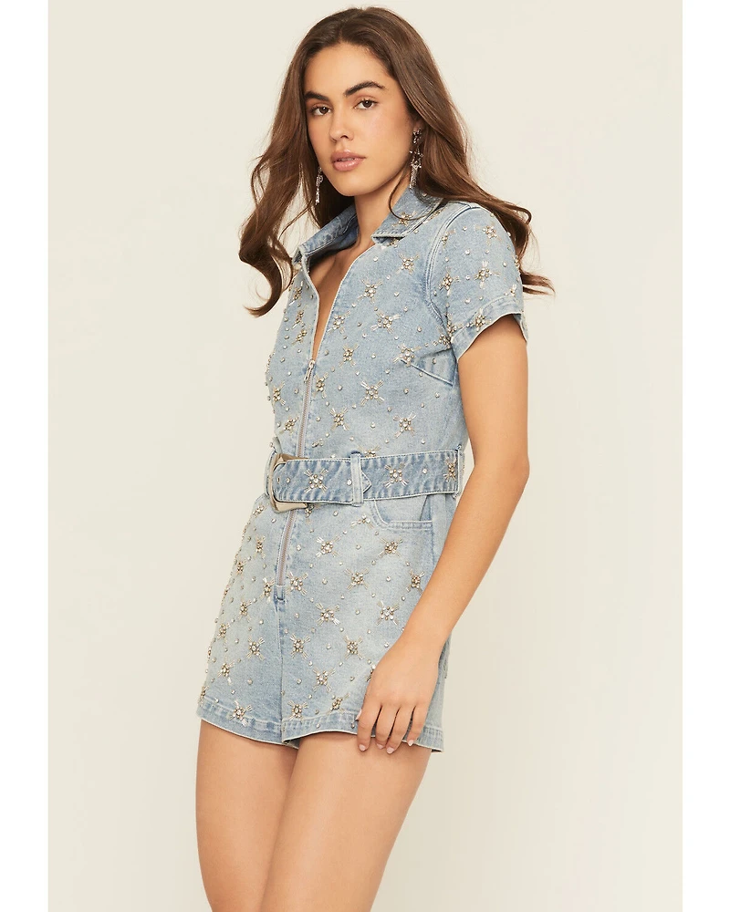 Show Me Your Mumu Women's Medium Wash Dolly Embellished Short Sleeve Denim Romper
