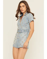 Show Me Your Mumu Women's Medium Wash Dolly Embellished Short Sleeve Denim Romper