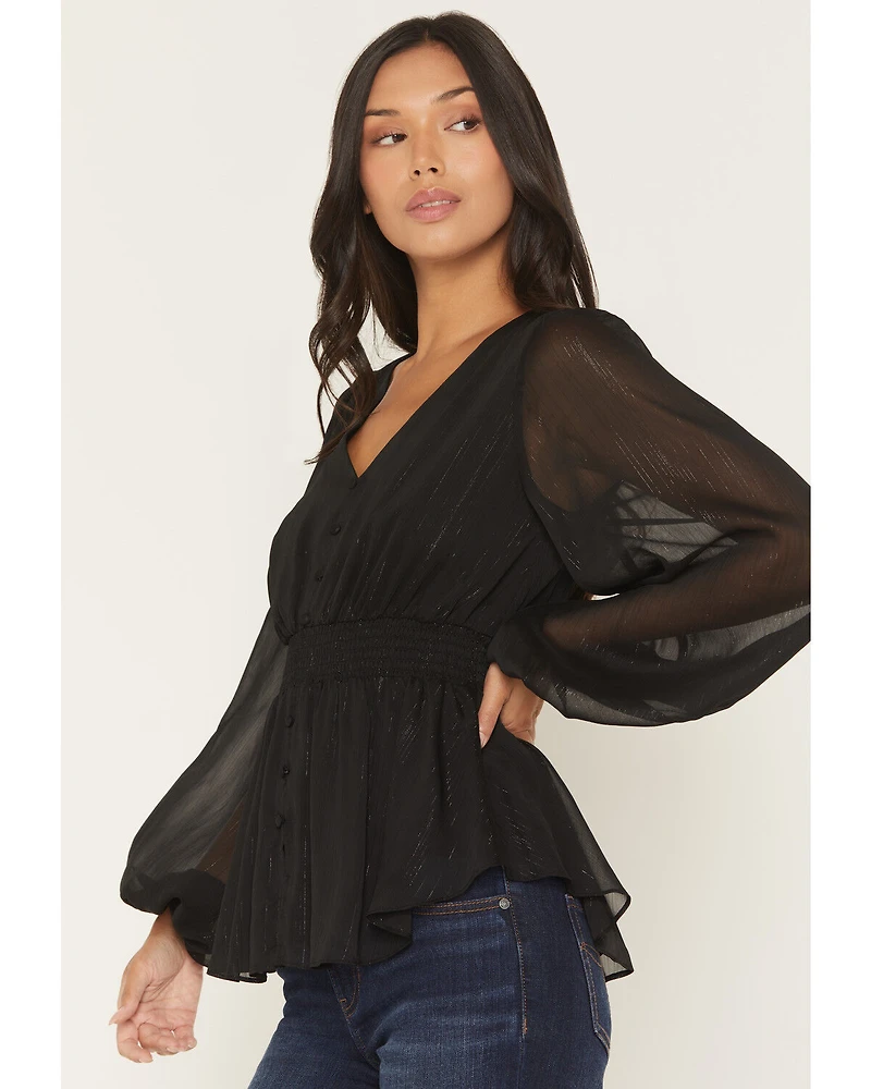 Shyanne Women's Pratt Faux Button-Down Long Sleeve Lurex Top