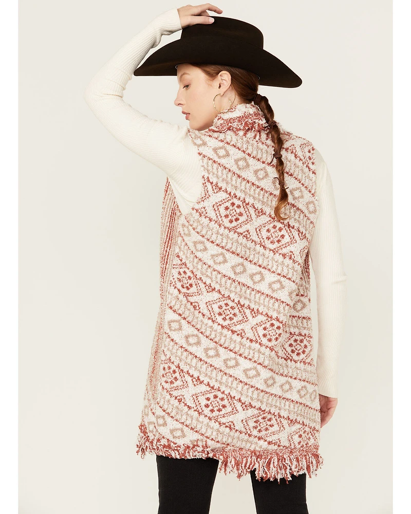 Miss Me Women's Southwestern Print Fringe Long Knit Vest