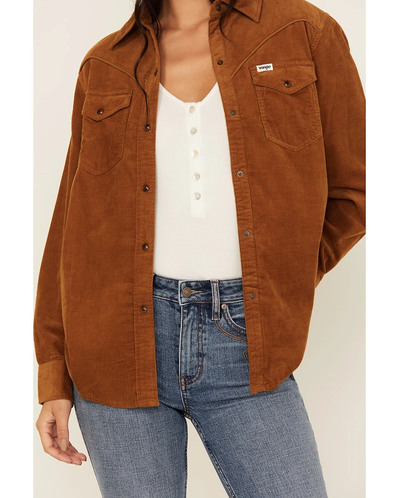 Wrangler Women's Solid Corduroy Long Sleeve Snap Western Shirt