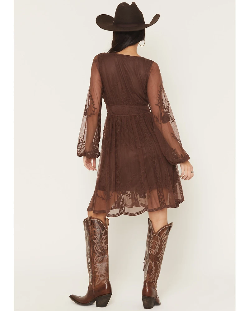 Shyanne Women's Embroidered Mesh Long Sleeve Button Front Mini Dress