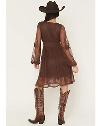 Shyanne Women's Embroidered Mesh Long Sleeve Button Front Mini Dress