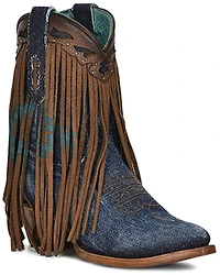 Corral Women's Denim Overlay Fringe Ankle Booties - Snip Toe