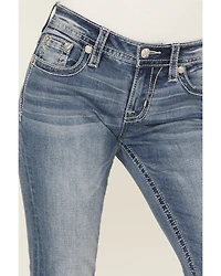 Miss Me Women's Dark Wash Mid Rise Patchwork Flap 32" Bootcut Stretch Denim Jeans