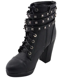 Milwaukee Leather Women's Studded Buckle Strap Laced Boots - Round Toe