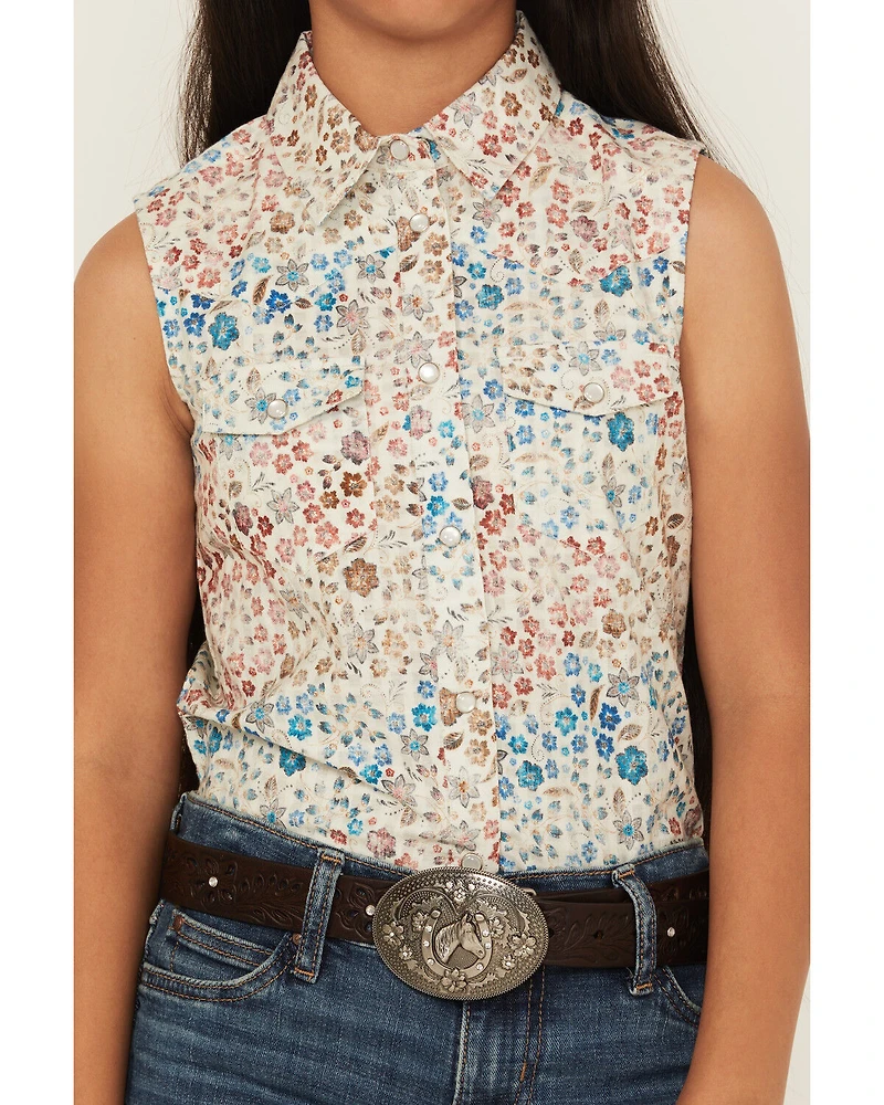 Shyanne Girls' Floral Print Sleeveless Snap Western Shirt