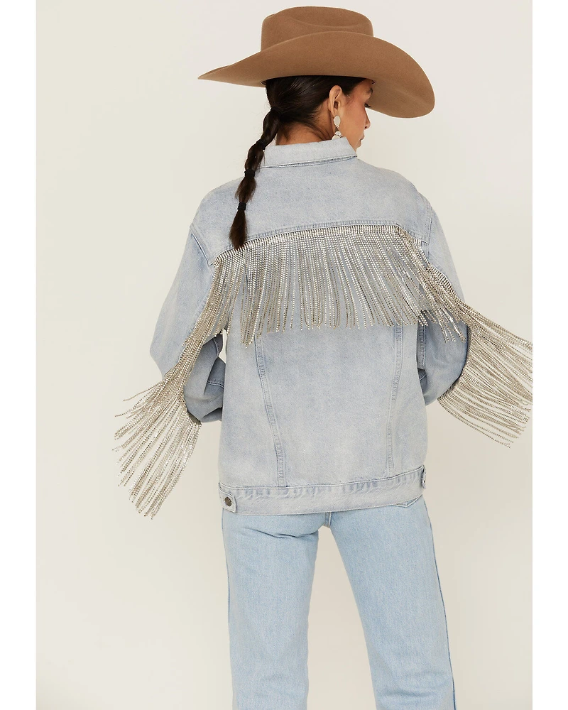 The Dylan Jacket by DanielXDiamond: Women's Blue Denim With Silver Fringe