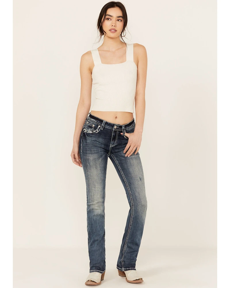 Grace LA Women's Medium Wash Sequin Longhorn Pocket Mid Rise Bootcut Stretch Denim Jeans