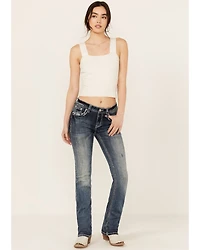 Grace LA Women's Medium Wash Sequin Longhorn Pocket Mid Rise Bootcut Stretch Denim Jeans