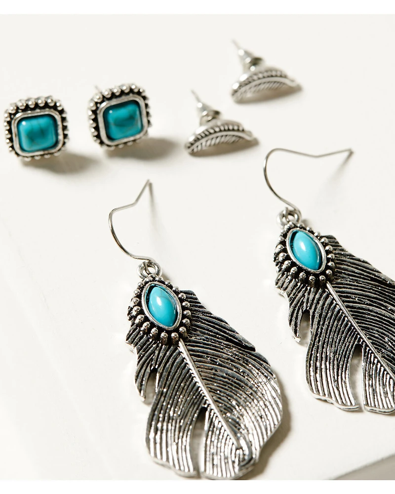 Shyanne Women's Feathers and Turquoise-Toned Earring Set - 3 Piece