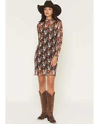 Rock & Roll Denim Women's Horse Print Long Sleeve Mesh Mini Dress