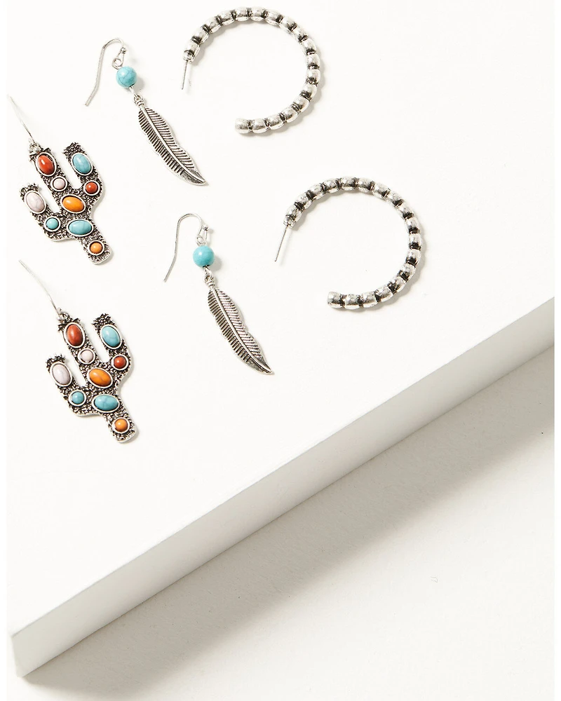 Shyanne Women's Cactus Feather Hoop Earring Set - 3 Piece