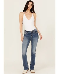 Miss Me Women's Medium Wash Mid Rise Wing Pocket 34" Bootcut Stretch Denim Jeans