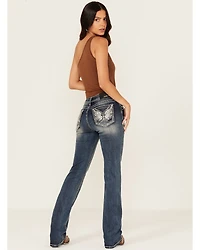Grace LA Women's Medium Wash Wing Embroidered Mid Rise Bootcut Stretch Denim Jeans