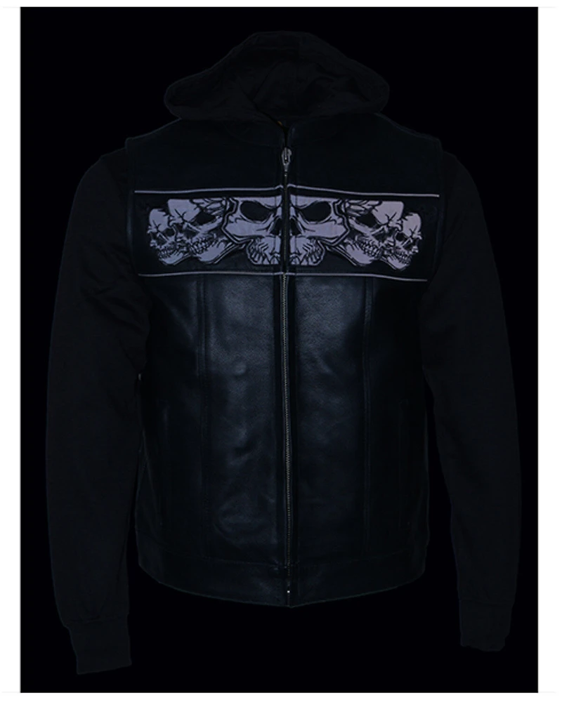 Milwaukee Leather Men's Leather Concealed Carry Vest with Reflective Skulls and Removeable Hoodie - 4X