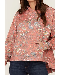 Hooey Women's Oversized Allover Floral Print Red Hoodie
