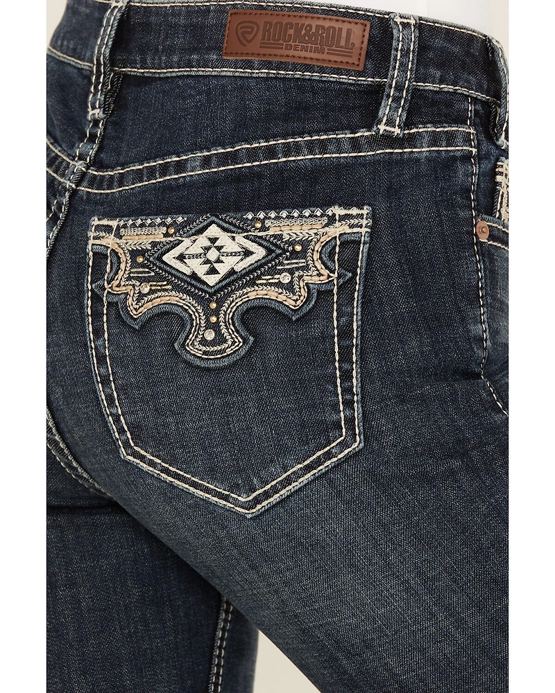 Rock & Roll Denim Women's Dark Wash Mid Rise Scallop Embroidered Bootcut Stretch Jeans