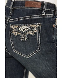 Rock & Roll Denim Women's Dark Wash Mid Rise Scallop Embroidered Bootcut Stretch Jeans
