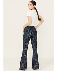 Shyanne Women's Dark Wash High Rise Printed Stretch Flare Jeans