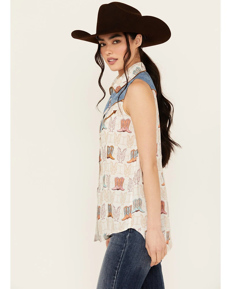 Panhandle Women's Boot Print Sleeveless Pearl Snap Western Shirt