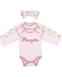 Wrangler Infant Girls' Logo And Floral Long Sleeve Snap Onesie Set - 3 Piece