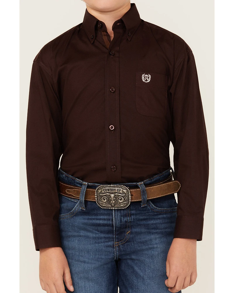 Panhandle Select Boys' Solid Long Sleeve Button-Down Stretch Western Shirt