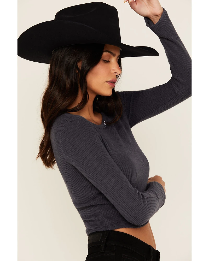 Originality Women's Solid Rib Knit Long Sleeve Cropped Shirt