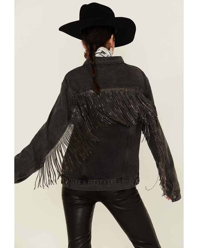 The Andy Jacket by DanielXDiamond: Women's Gray Denim With Gunmetal Fringe