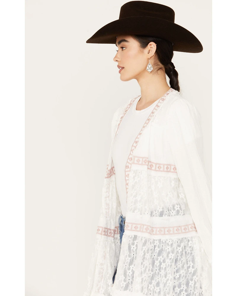 POL Women's Tiered Ditsy Print Long Sleeve Kimono
