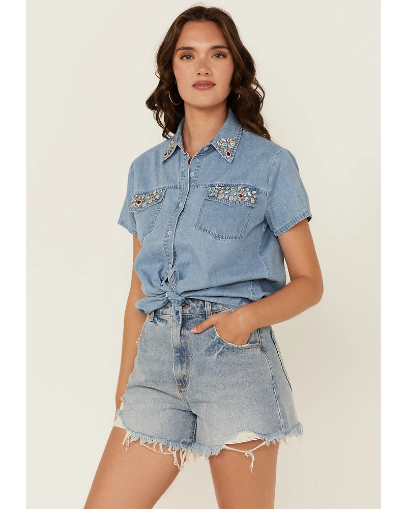 Blue B Women's Light Wash Rhinestone Short Sleeve Button-Down Denim Shirt