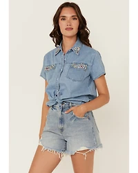 Blue B Women's Light Wash Rhinestone Short Sleeve Button-Down Denim Shirt