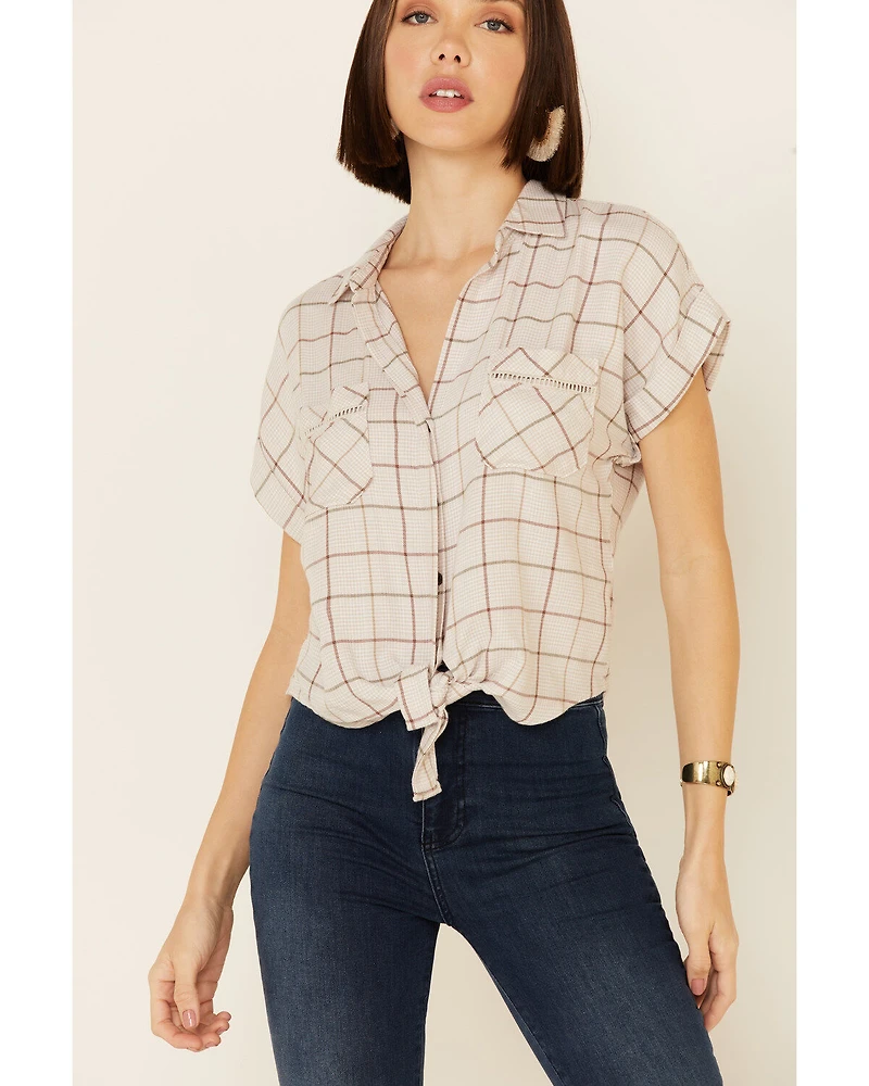 Shyanne Women's Windowpane Plaid Tie-Front Short Sleeve Western Shirt