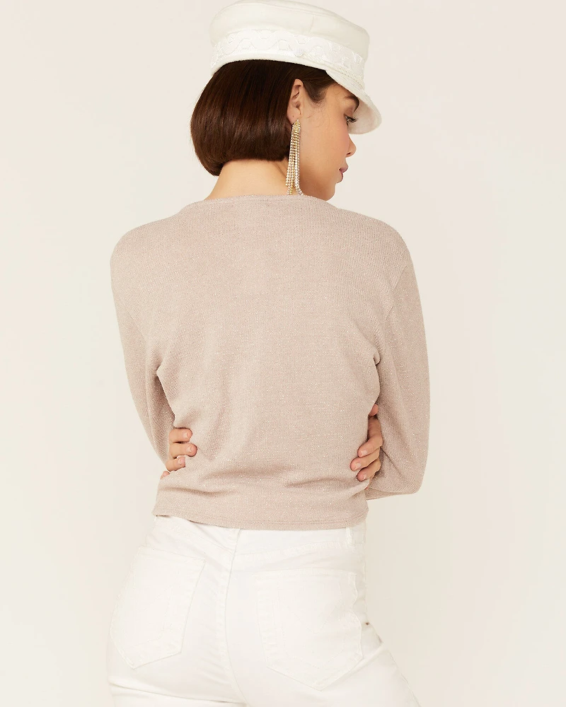 Wild Moss Women's Ribbed Lurex Cinch Front Knit Top
