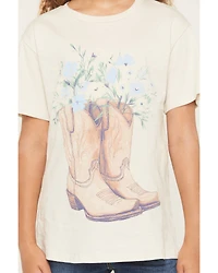 Originality Girls' Floral Boot Short Sleeve Graphic T-Shirt
