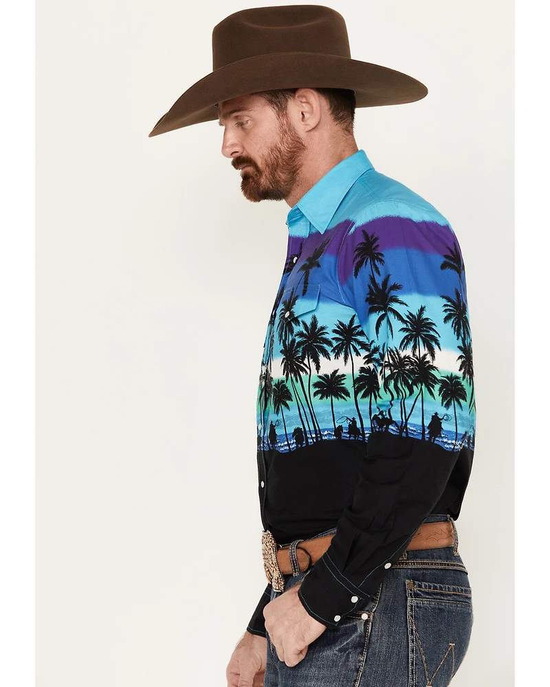 Roper Men's Vintage Palm Tree Beach Print Long Sleeve Pearl Snap Western Shirt