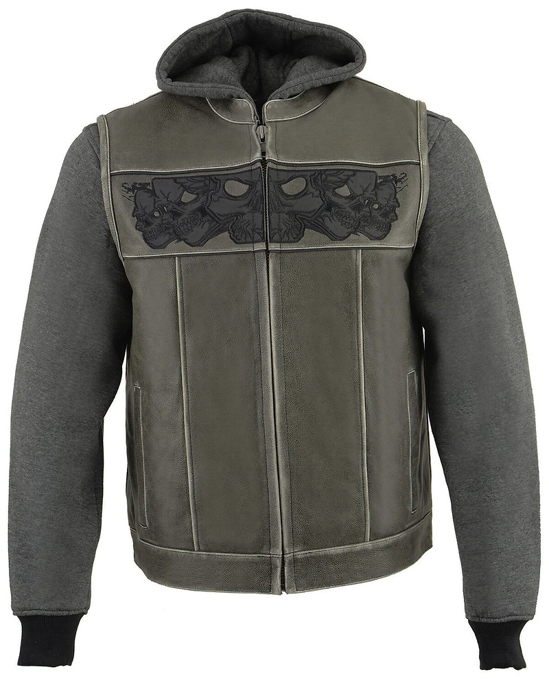 Milwaukee Leather Men's Concealed Carry Vest with Reflective Skulls and Removeable Hoodie