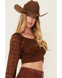 Beyond The Radar Women's Floral Lace Long Sleeve Tie Back Cropped Shirt