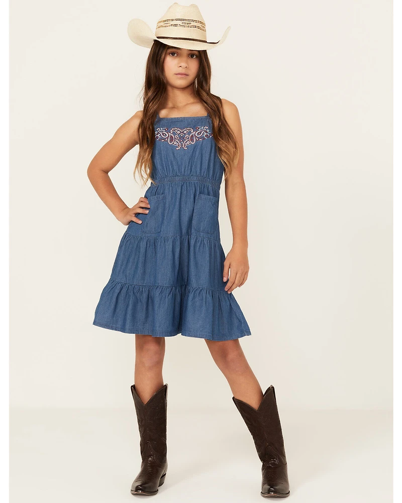 Shyanne Girls' Pinedale Paisley Embroidered Sleeveless Denim Ruffle Mini Dress