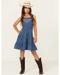 Shyanne Girls' Pinedale Paisley Embroidered Sleeveless Denim Ruffle Mini Dress