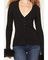 Show Me Your Mumu Women's Fluff Trim Long Sleeve Top
