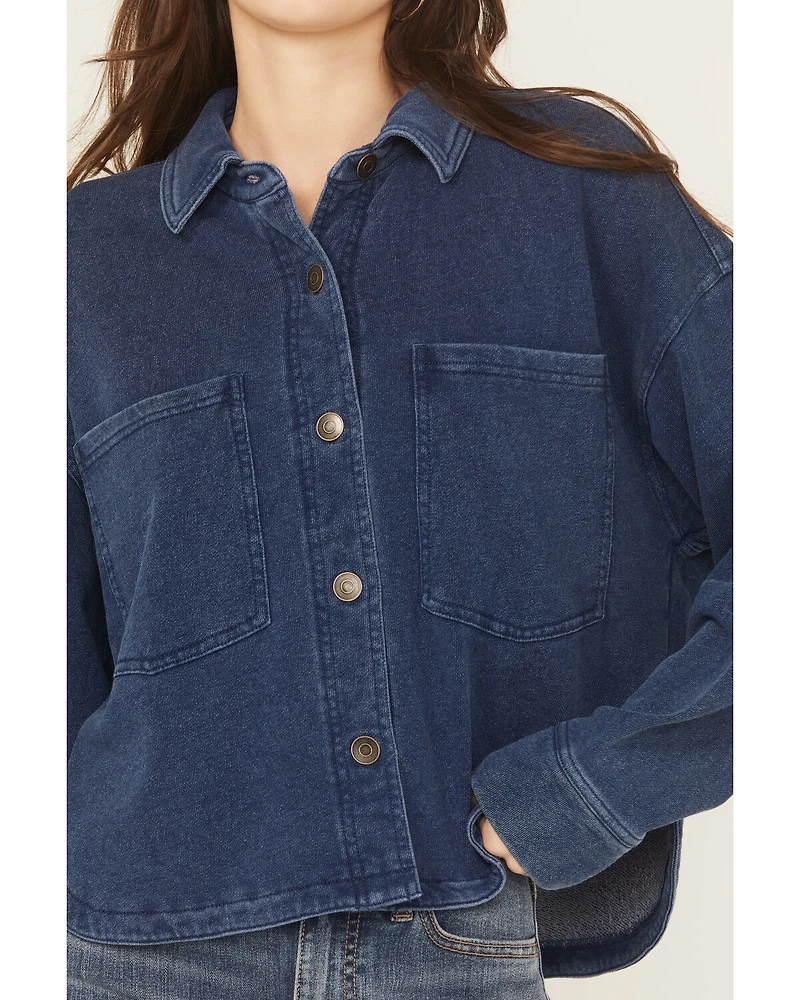 White Crow Women's Denim Knit Long Sleeve Button-Down Cropped Shacket