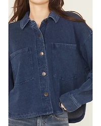 White Crow Women's Denim Knit Long Sleeve Button-Down Cropped Shacket