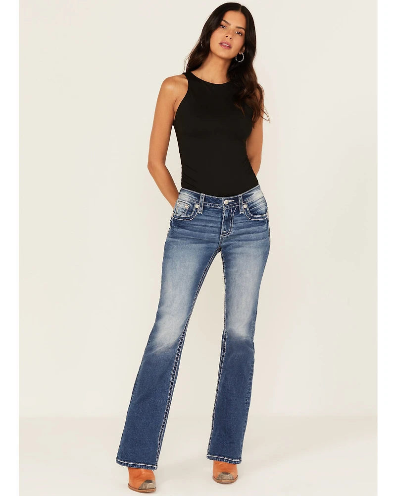 Miss Me Women's Medium Wash Mid Rise Southwestern Print Pocket 32" Bootcut Stretch Denim Jeans