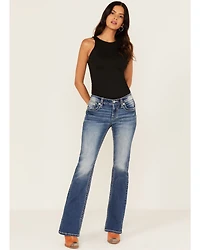 Miss Me Women's Medium Wash Mid Rise Southwestern Print Pocket 32" Bootcut Stretch Denim Jeans