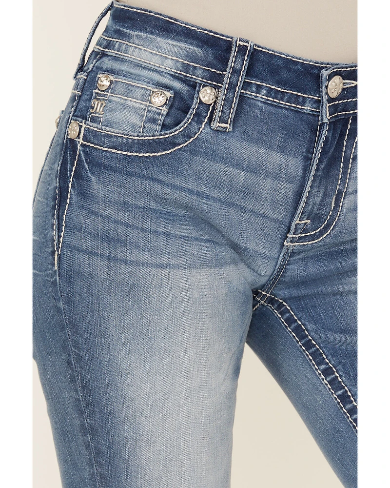 Miss Me Women's Dark Wash Mid Rise Dream Catcher Pocket 32" Bootcut Stretch Denim Jeans