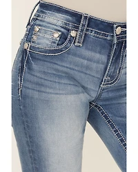 Miss Me Women's Dark Wash Mid Rise Dream Catcher Pocket 32" Bootcut Stretch Denim Jeans